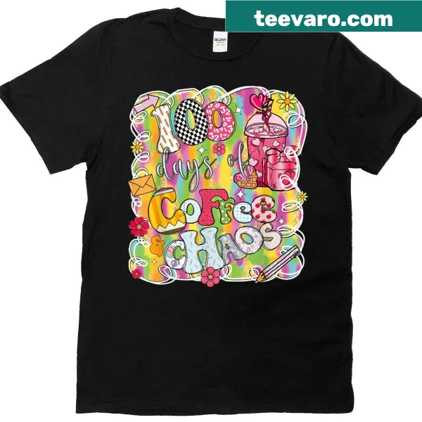 T-shirt with the slogan '100 Days Of Coffee And Chaos' in a fun typography design
