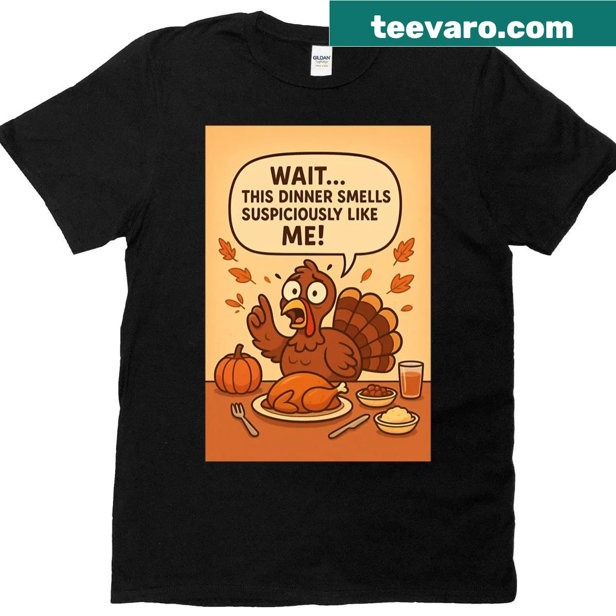 Funny Thanksgiving T-shirt with shocked turkey graphic — on a men's t-shirt