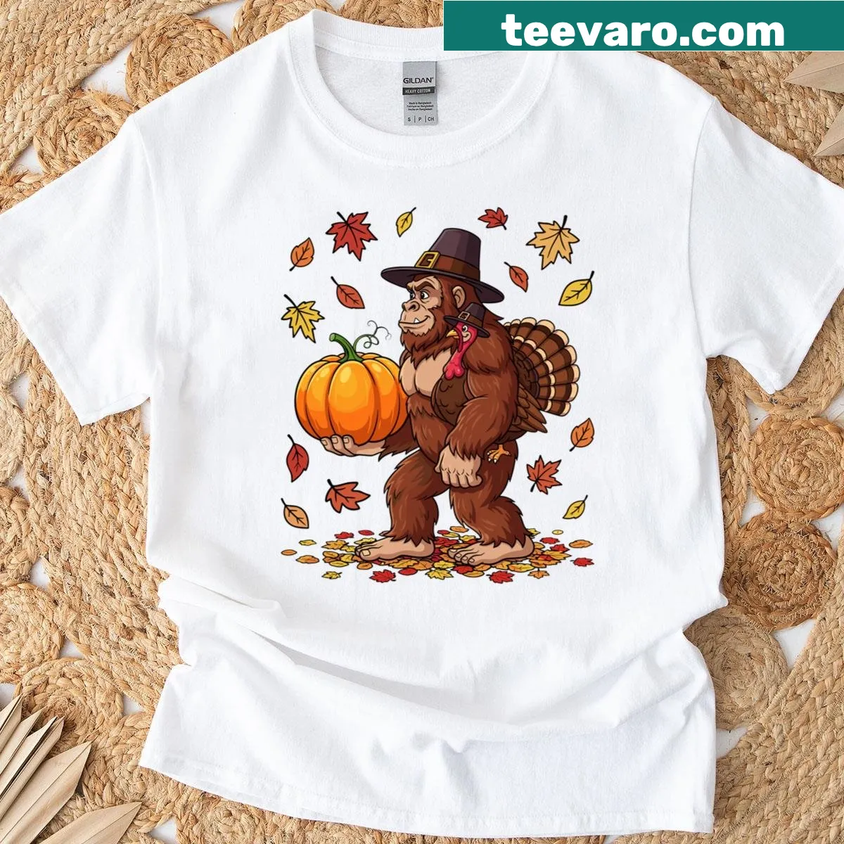 Thanksgiving t-shirt with a Bigfoot pilgrim surrounded by turkey and pumpkins — on a men's t-shirt