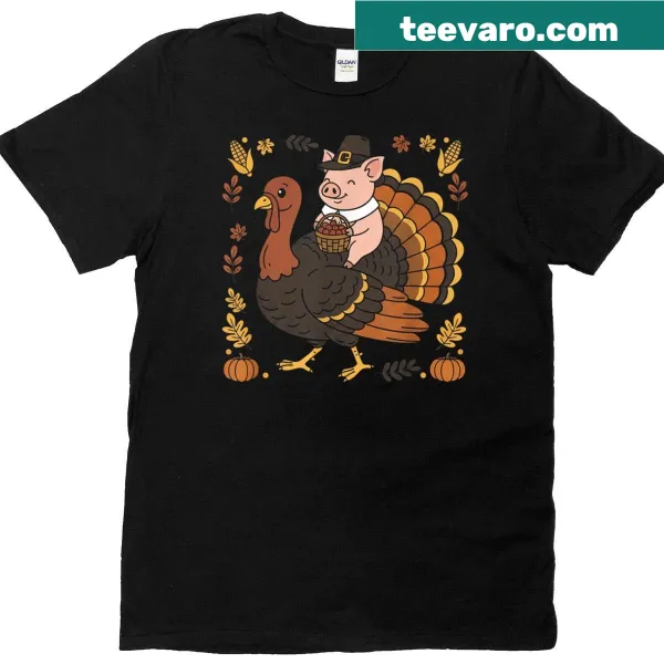 Funny Thanksgiving T-shirt with a cartoon mini pig and turkey design