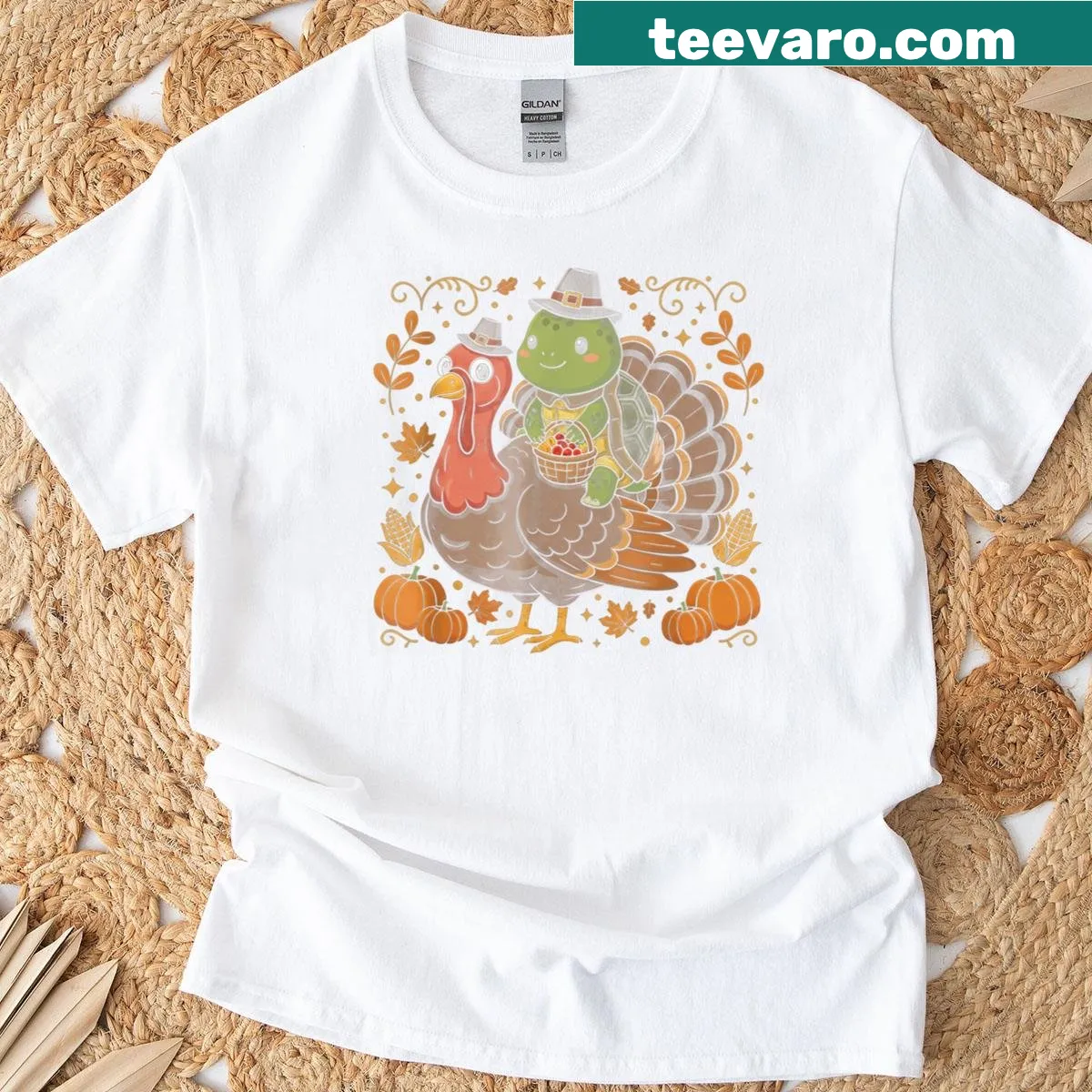 Cute Thanksgiving T-shirt with a turtle and turkey hybrid illustration. — on a men's t-shirt