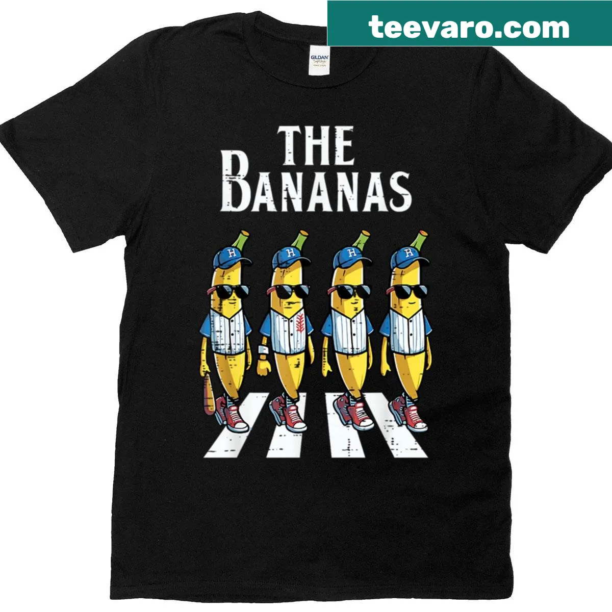 Funny banana crossing road meme t-shirt — on a men's t-shirt