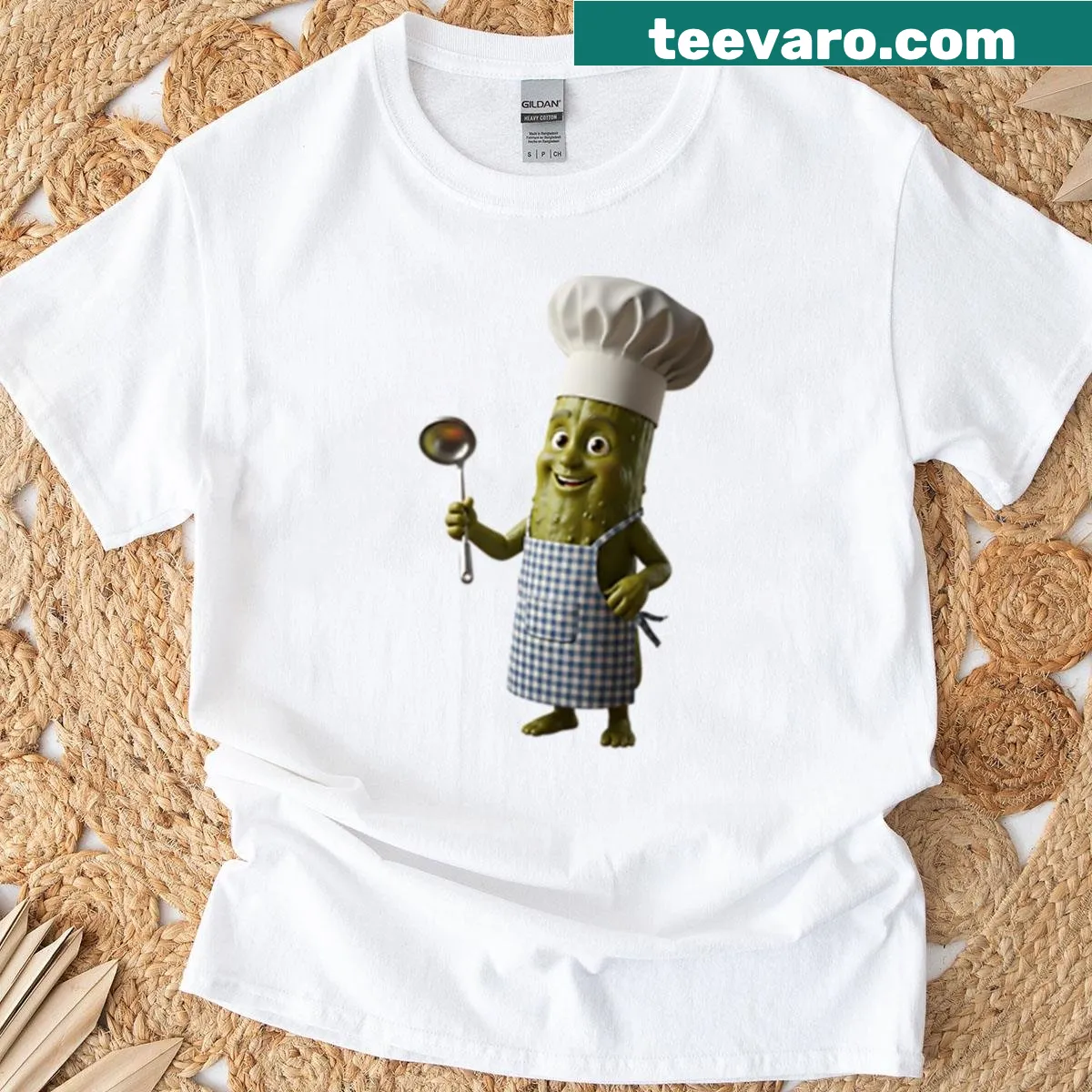 Vintage-style oversized T-shirt with a playful pickle chef design — on a men's t-shirt