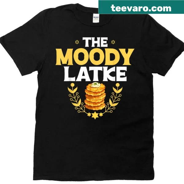 Whimsical T-shirt featuring latkes and a menorah for Hanukkah