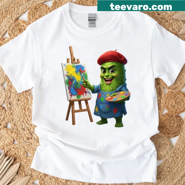 Creative t-shirt featuring 'The Pickle Painter - Brine Gogh' with playful illustrations