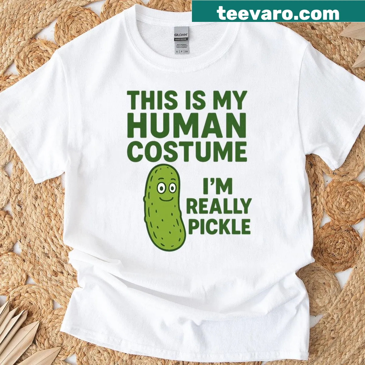 Humorous pickle-themed Halloween t-shirt with playful text — on a men's t-shirt