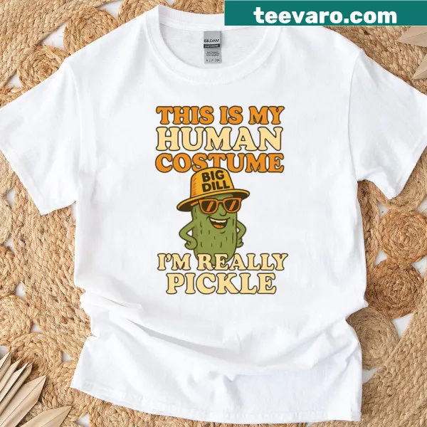 Funny pickle-themed T-shirt with humorous text about costumes