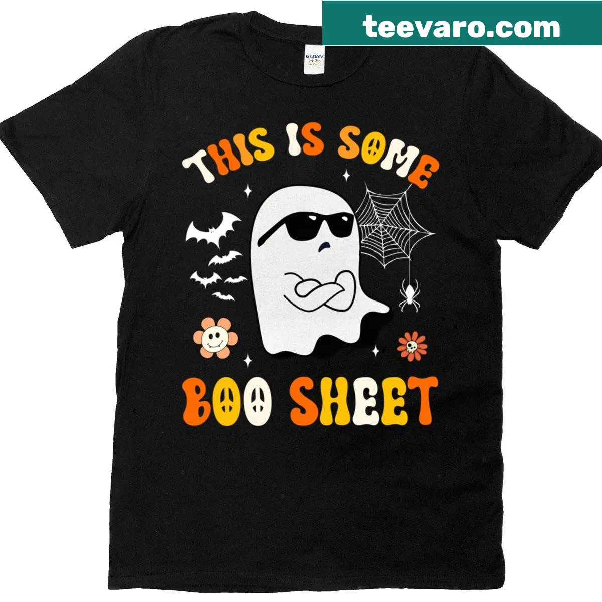 Humorous Halloween t-shirt with 'This Is Some Boo Sheet' text — on a men's t-shirt