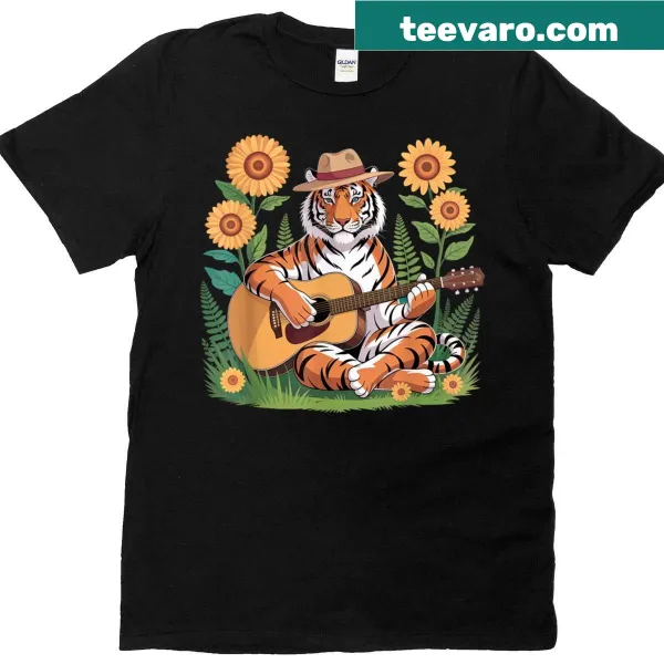 Illustration of a tiger with a guitar on a T-shirt.
