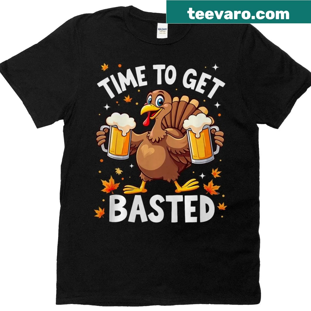 Funny Thanksgiving T-shirt with 'Time To Get Basted' text — on a men's t-shirt