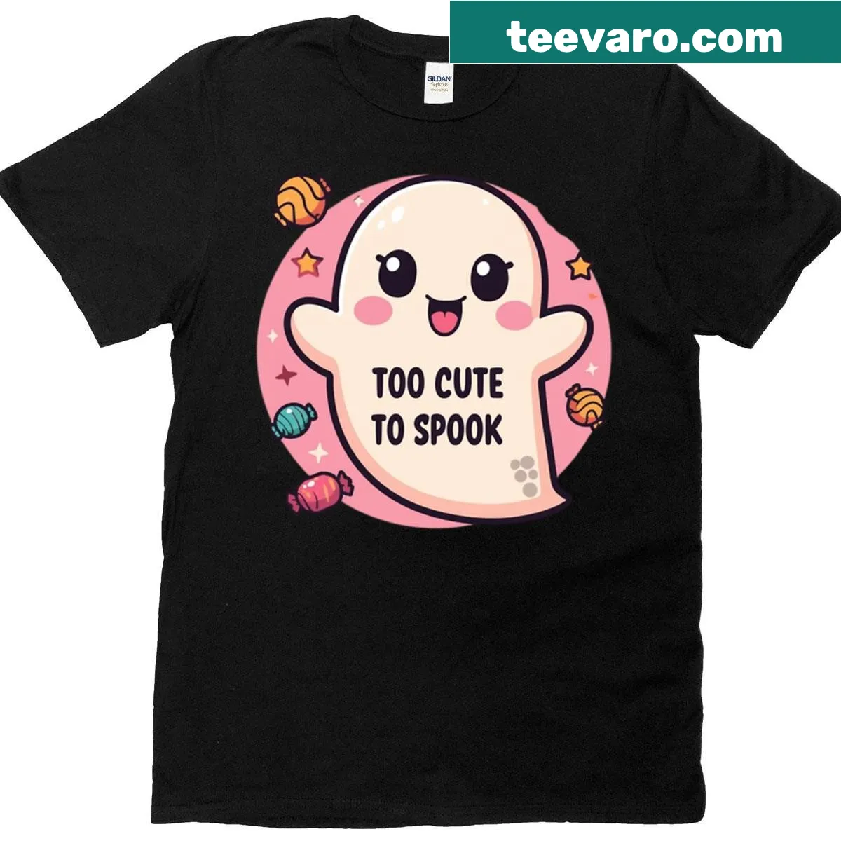 Cute T-shirt with 'Too Cute To Spook' graphic for Halloween — on a men's t-shirt