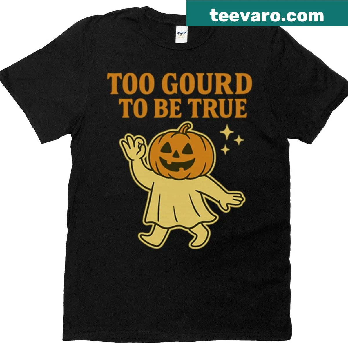 Funny autumn-themed t-shirt with 'Too Gourd To Be True' text — on a men's t-shirt