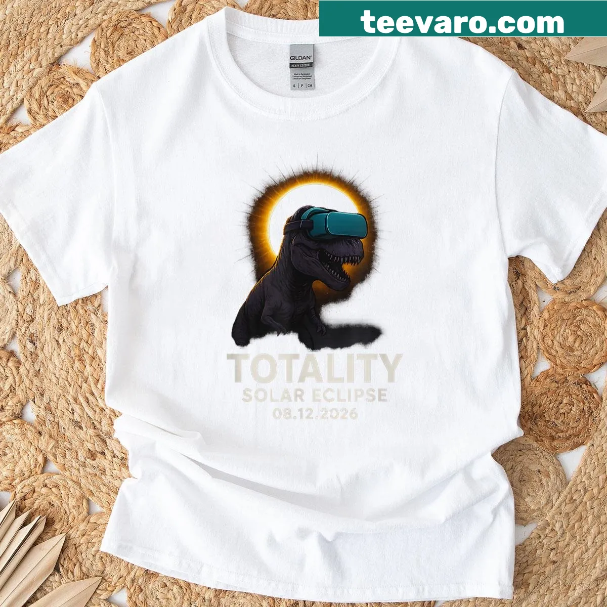 Funny T-rex graphic T-shirt for the Totality 2026 solar event. — on a men's t-shirt