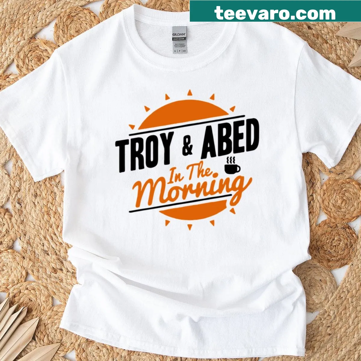 Whimsical morning TV show themed T-shirt design — on a men's t-shirt