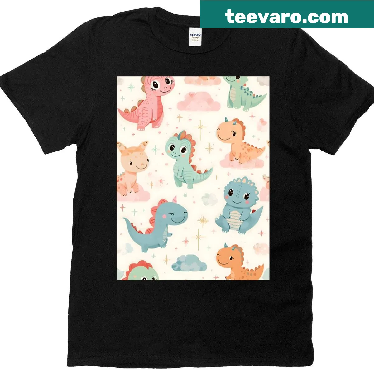 Kawaii T-shirt featuring cute dinosaurs in space pattern — on a men's t-shirt