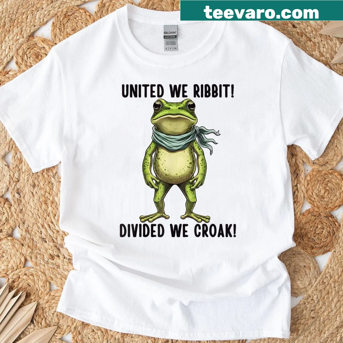 T-shirt featuring humorous frog illustrations and text — on a men's t-shirt