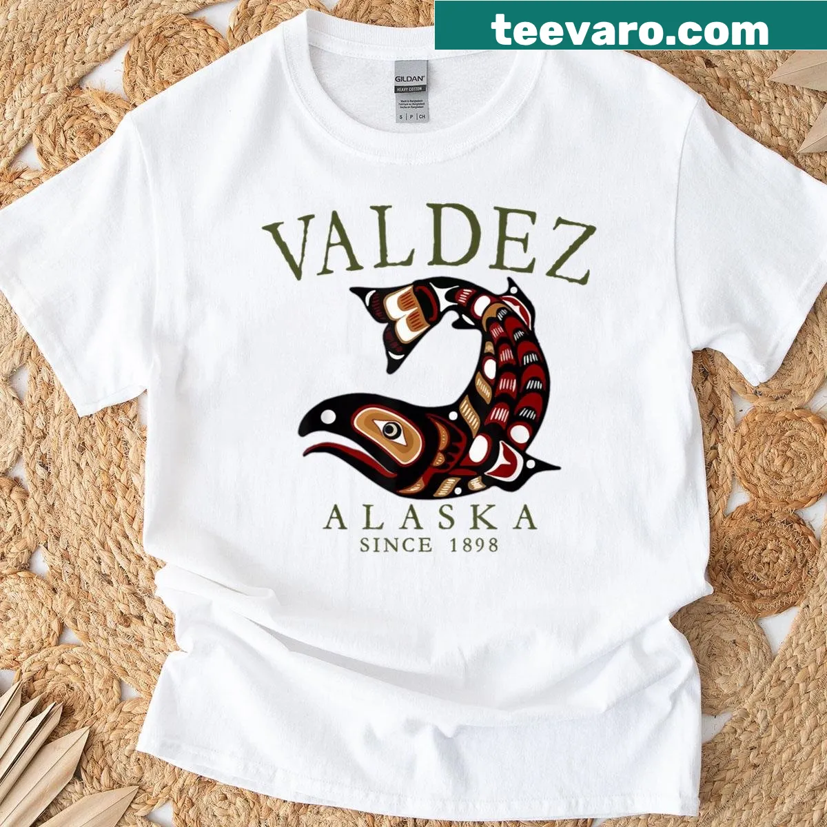 T-shirt celebrating Valdez Alaska salmon fishing with arched letters — on a men's t-shirt