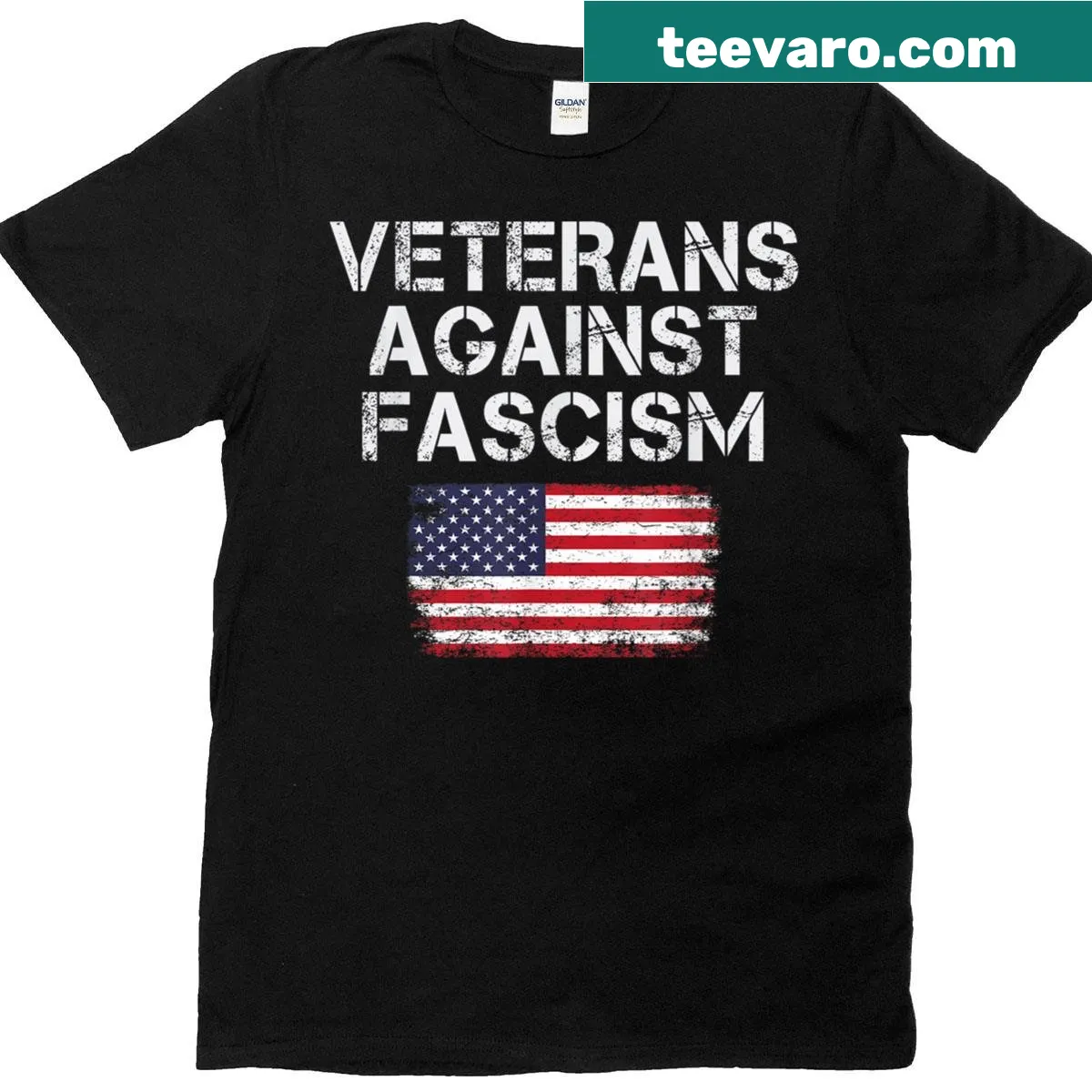 Patriotic T-shirt with 'Veterans Against Fascism' text — on a men's t-shirt