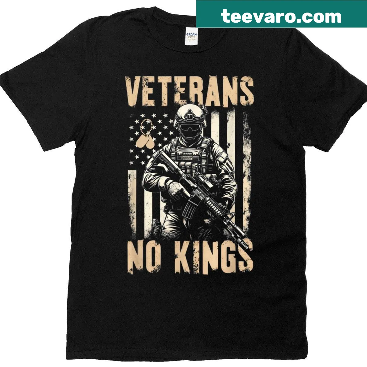 Vintage-style American flag t-shirt with 'No Kings' message for veterans — on a men's t-shirt
