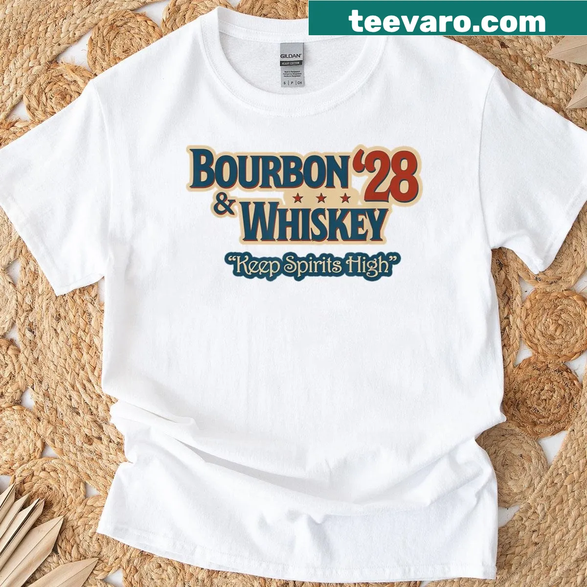 Vintage-style T-shirt with bourbon whiskey graphic and election theme. — on a men's t-shirt