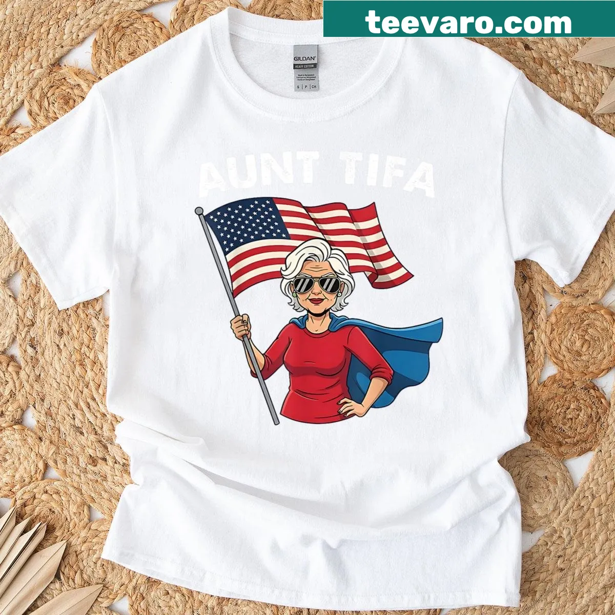 Vintage Aunt Tifa t-shirt with America flag design — on a men's t-shirt