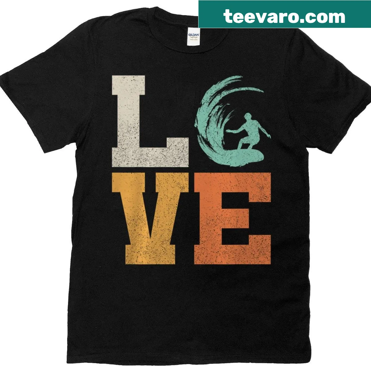Vintage surfer t-shirt featuring retro surfing graphics and text — on a men's t-shirt