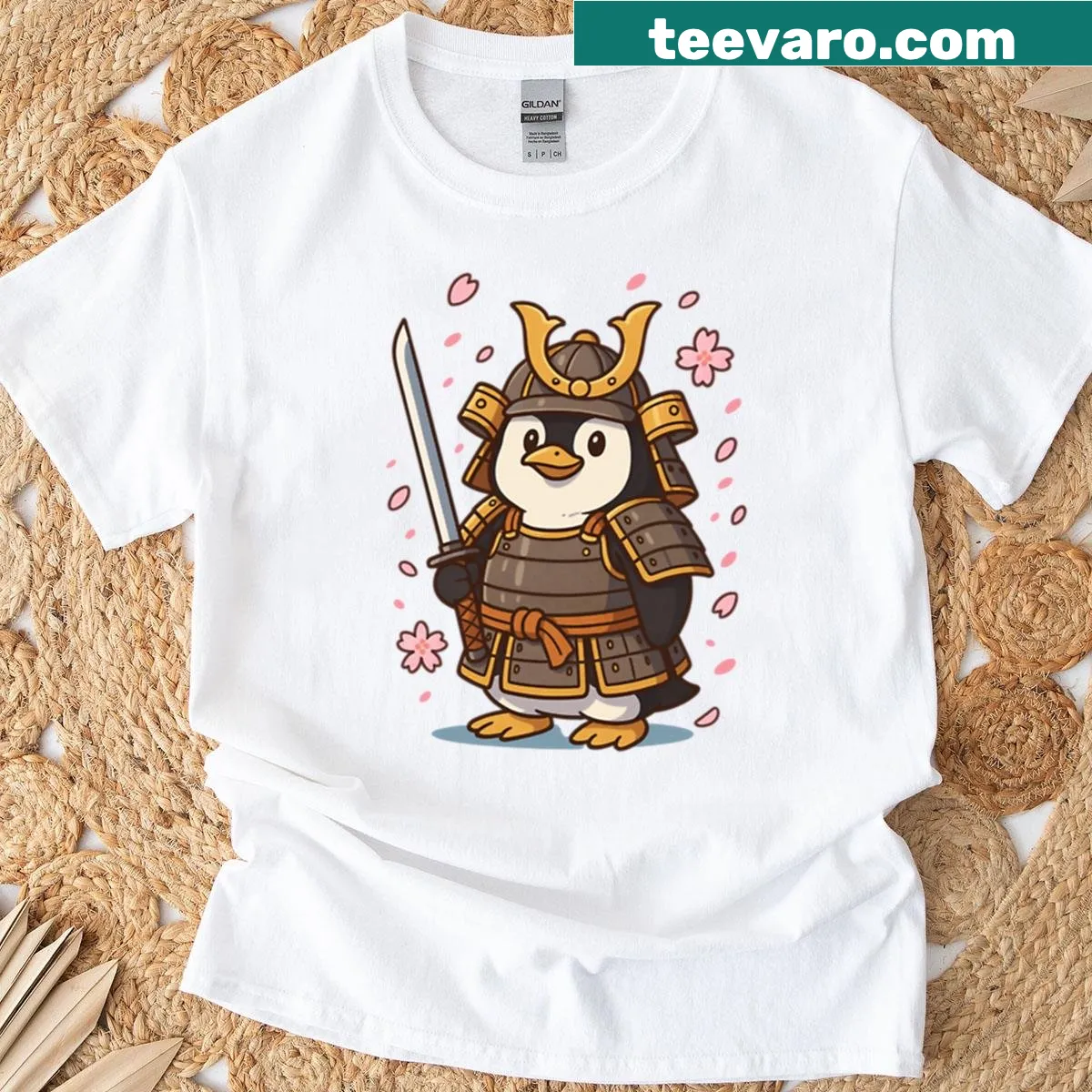 Penguin samurai illustration on a humorous T-shirt — on a men's t-shirt