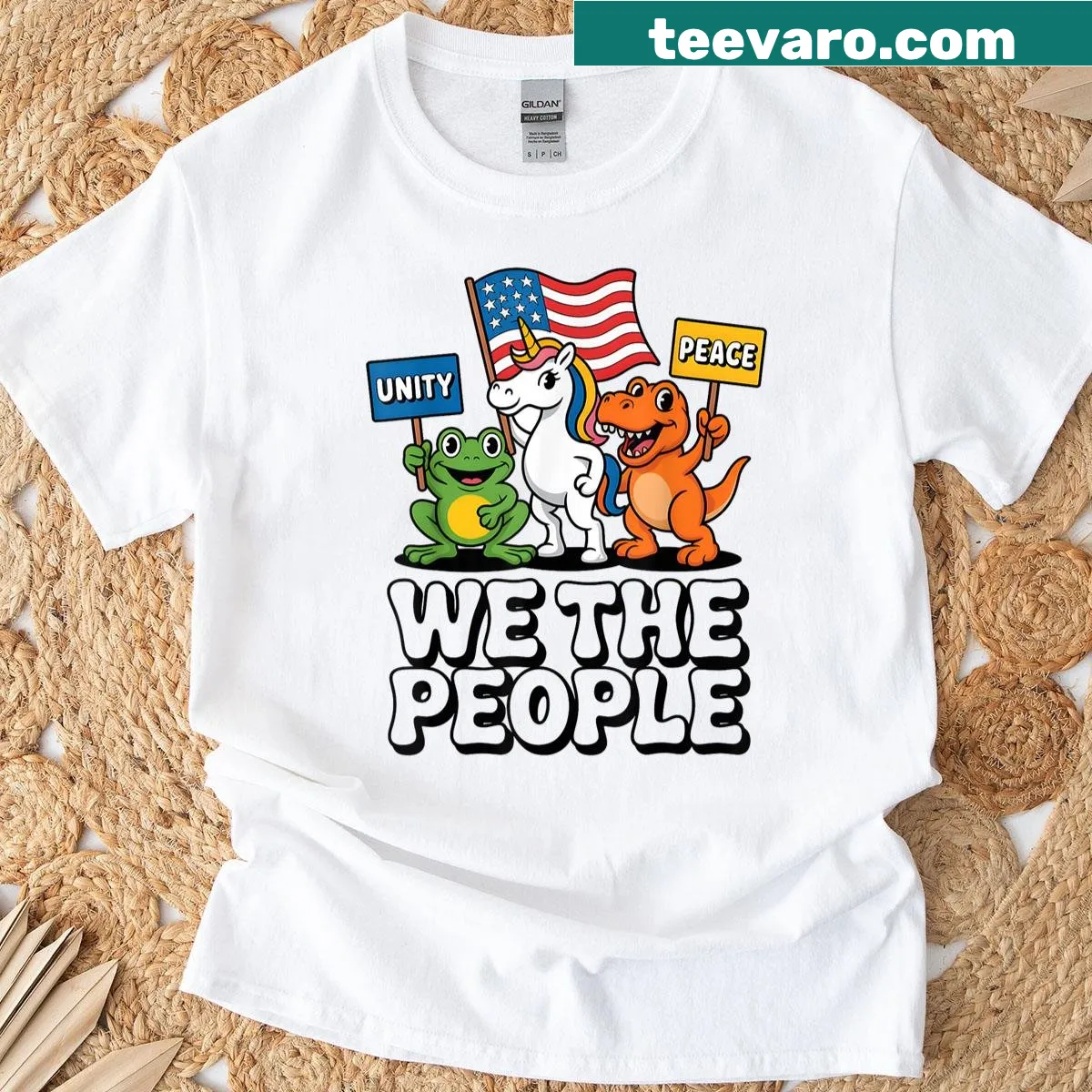Cartoon-style T-shirt with unicorn, dinosaur, frog, and US flag — on a men's t-shirt