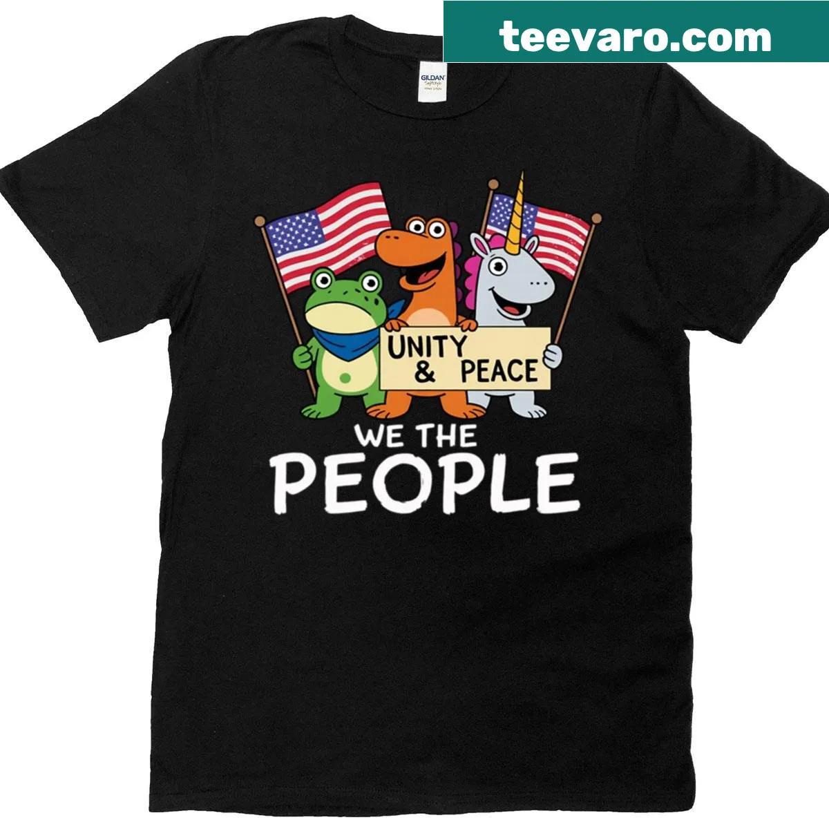Illustration of a frog, unicorn, and dinosaur with a US flag — on a men's t-shirt