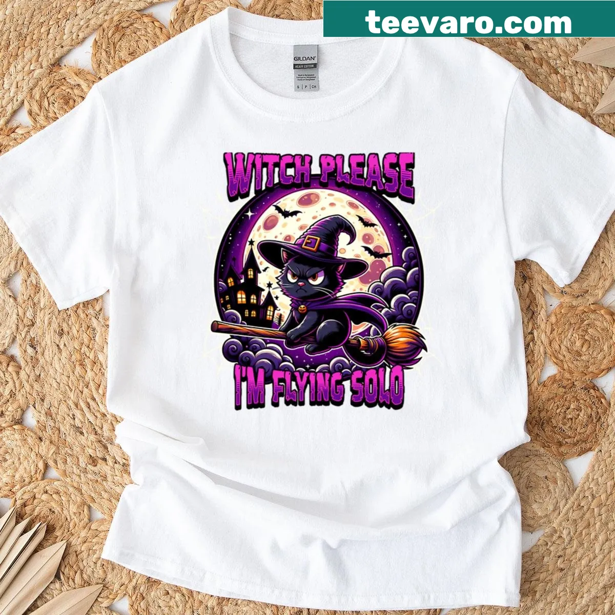 Grumpy cat broomstick Halloween t-shirt with Witch Please phrase — on a men's t-shirt