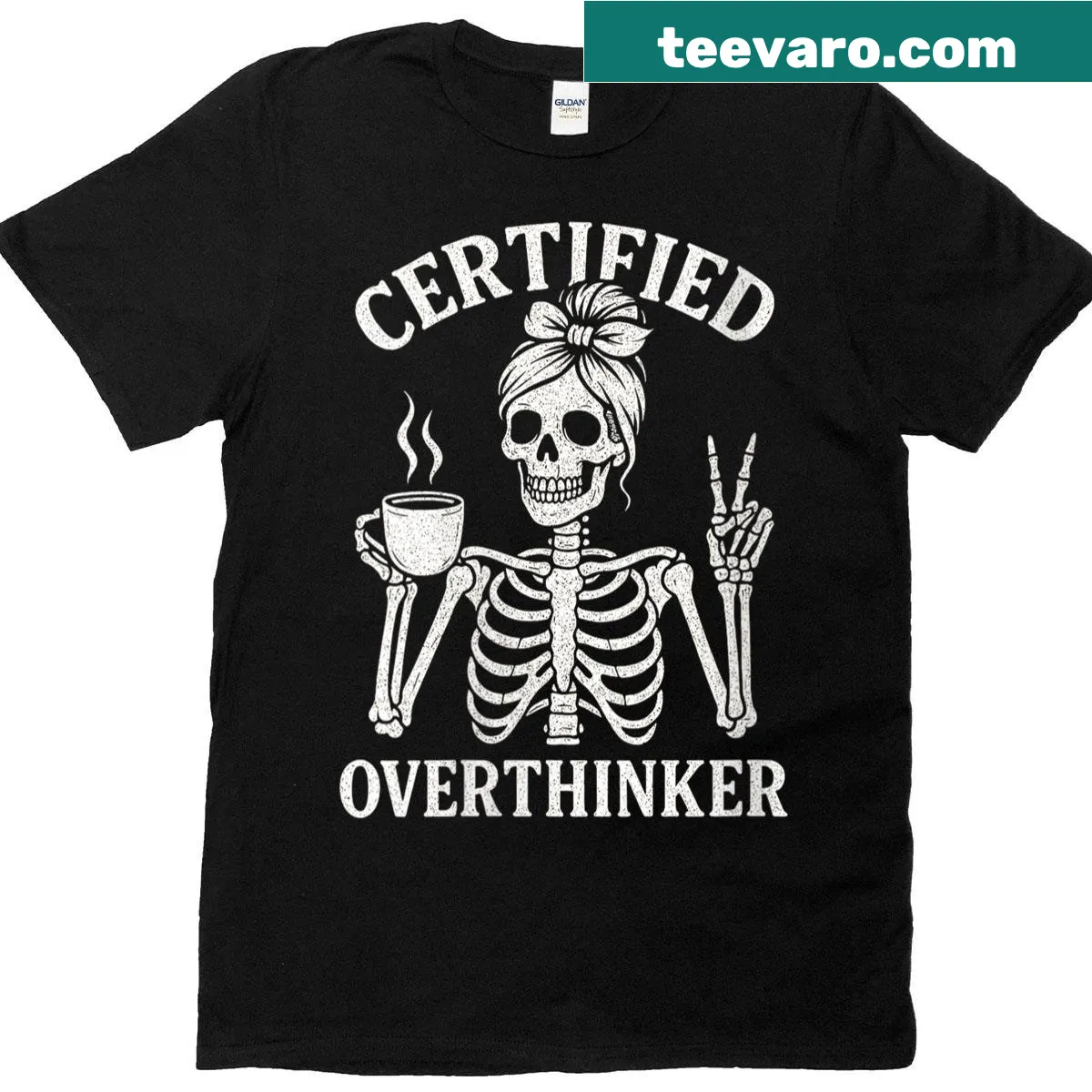 Funny T-shirt featuring a skeleton and 'Certified Overthinker' text — on a men's t-shirt