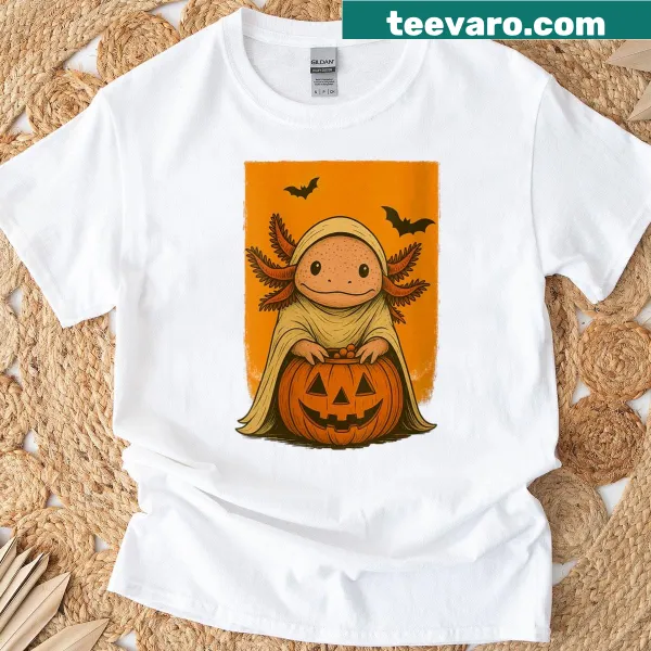 Adorable T-shirt with an axolotl in a pumpkin for Halloween