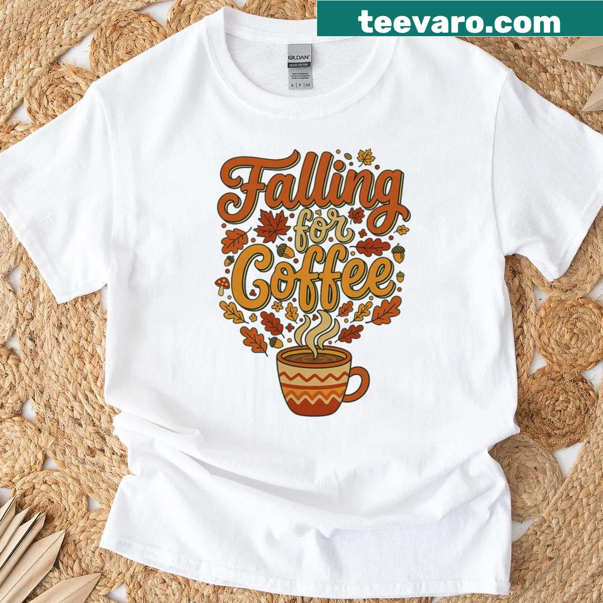 Cute autumn coffee lover graphic on women's shirt — on a men's t-shirt