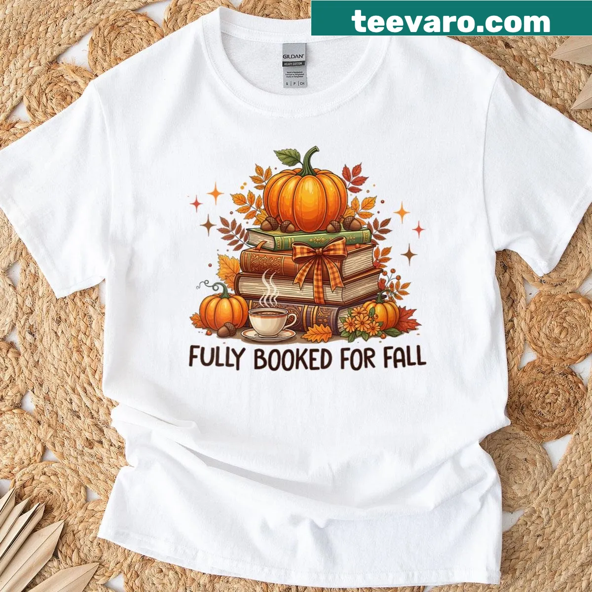 Fully Booked For Fall t-shirt with pumpkin and book design — on a men's t-shirt