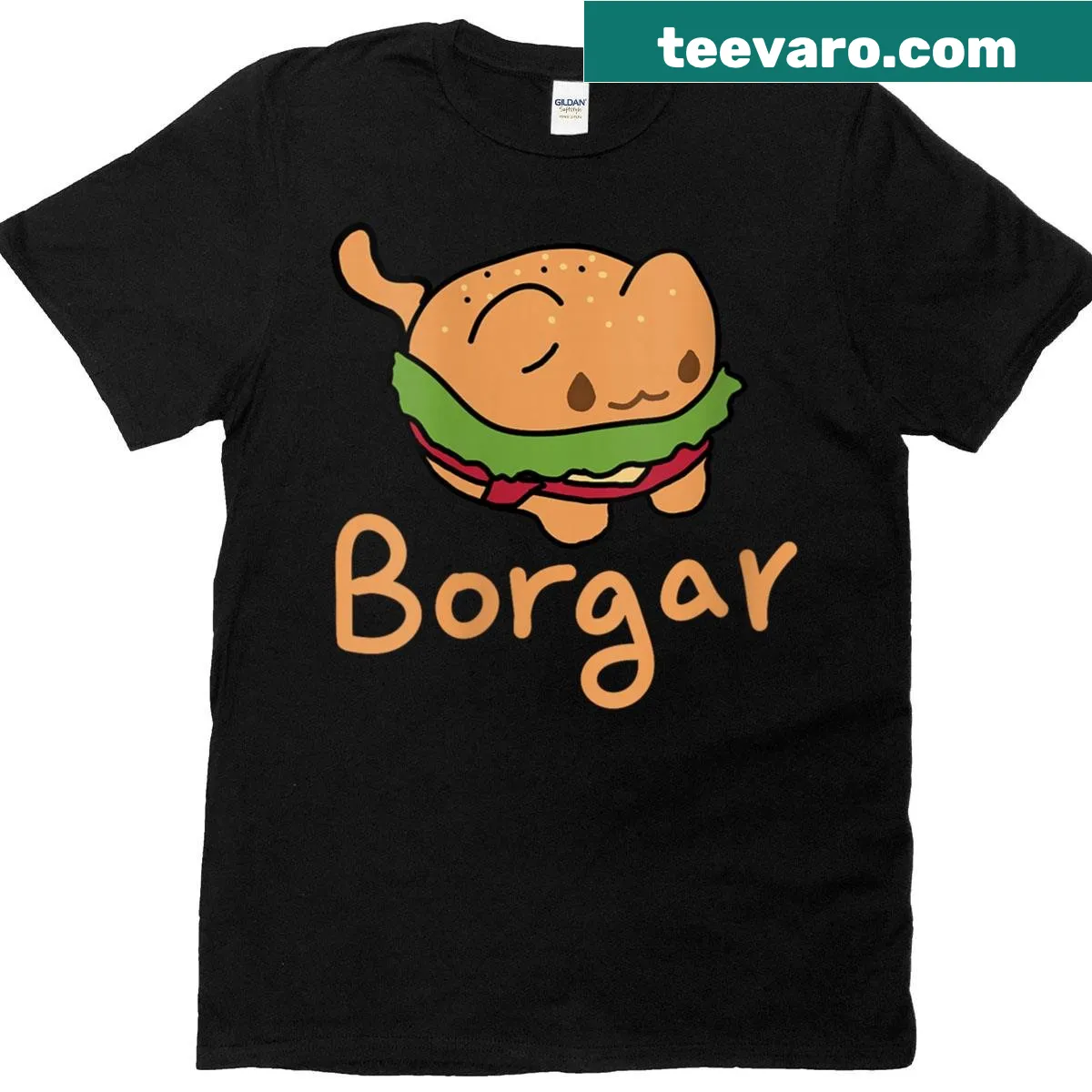 Cute cartoon kitty with burger elements on T-shirt — on a men's t-shirt