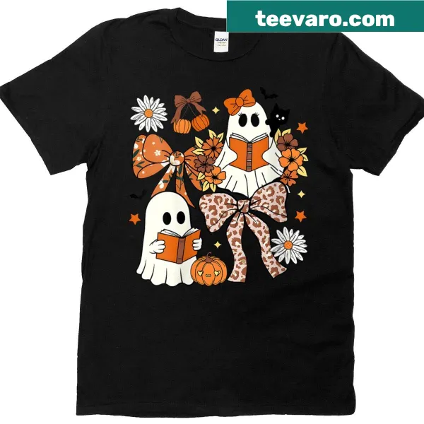 Cute Halloween T-shirt featuring a ghost reading books with pumpkins