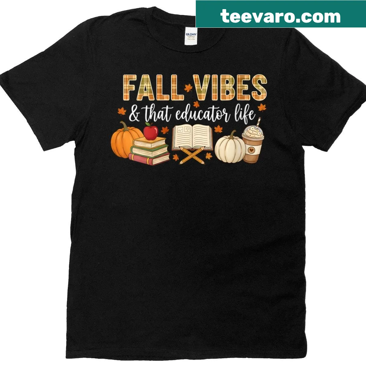 Fall-themed educator t-shirt with pumpkins and 'Good Fall Vibes' text — on a men's t-shirt