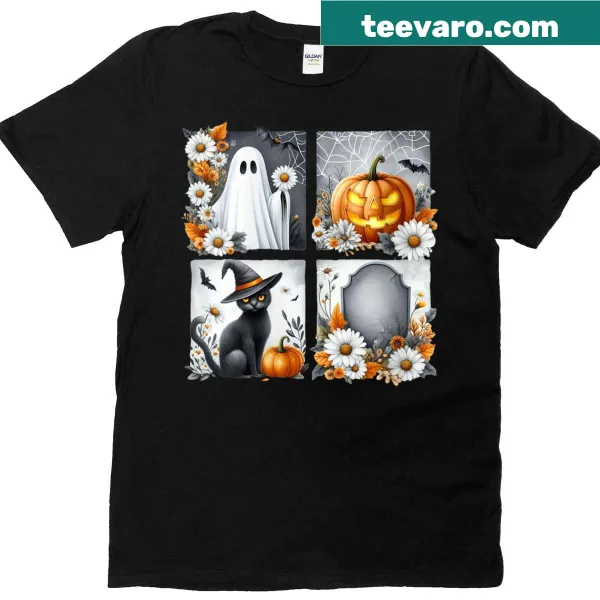 Retro Halloween shirt with a ghost cat and pumpkins design