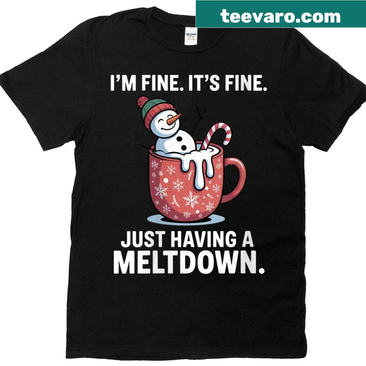 Sarcastic Christmas T-shirt with snowman and meltdown phrase — on a men's t-shirt