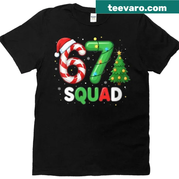 Meme-themed t-shirt with '67 Squad' and festive graphics