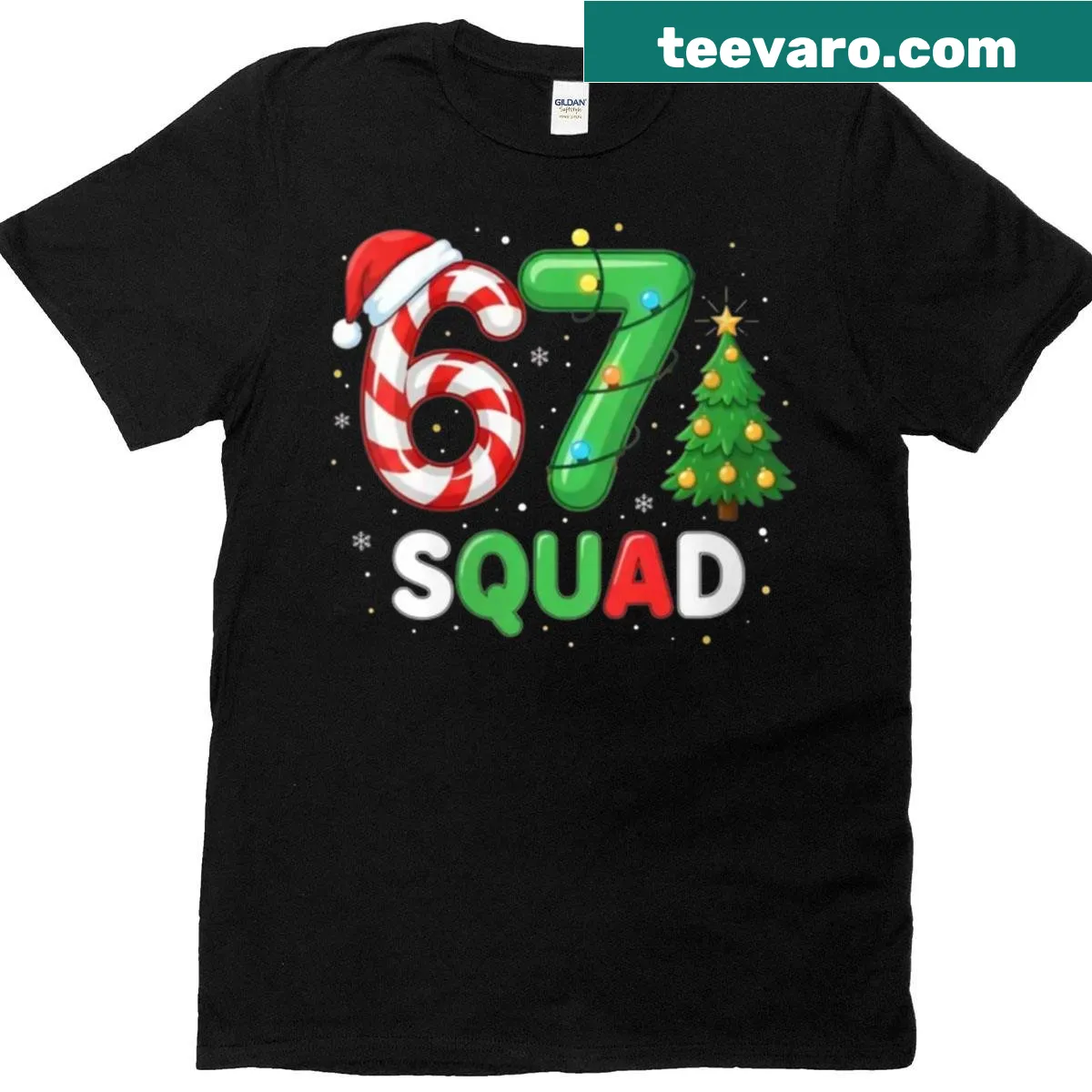 Meme-themed t-shirt with '67 Squad' and festive graphics — on a men's t-shirt