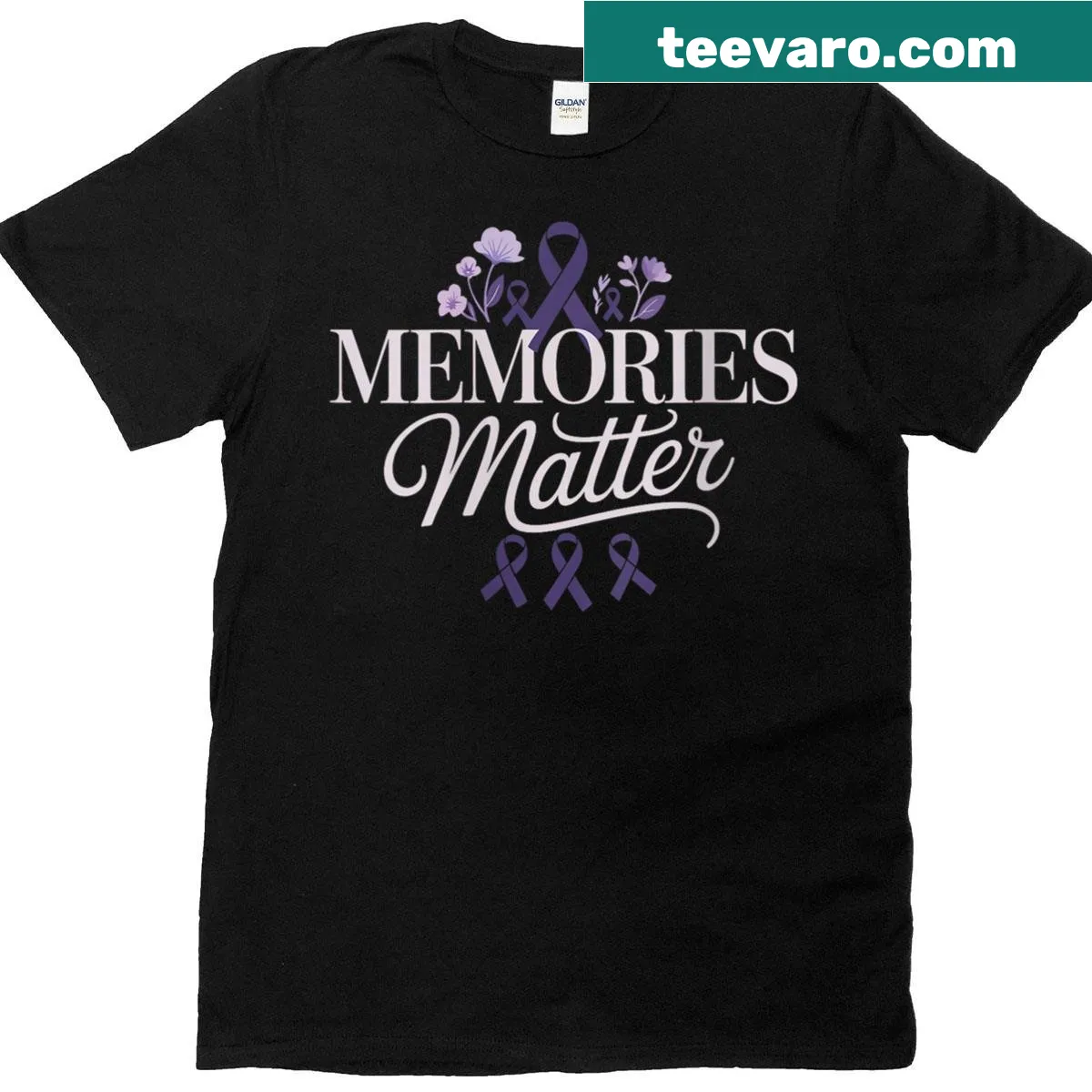 Floral T-shirt with a purple ribbon, symbolizing Alzheimer awareness and memory care. — on a men's t-shirt