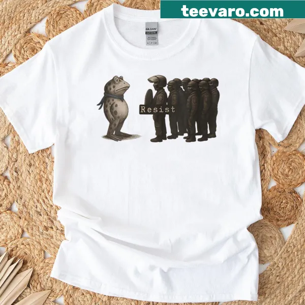 Funny t-shirt featuring cartoon frogs in protest gear for Portland