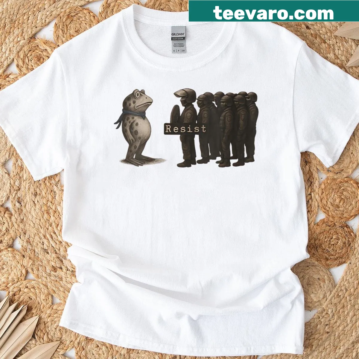 Funny t-shirt featuring cartoon frogs in protest gear for Portland — on a men's t-shirt