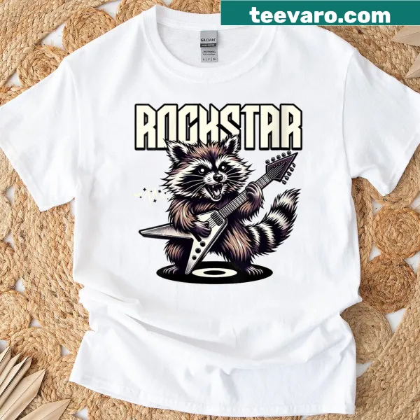 T-shirt featuring a raccoon as a rockstar