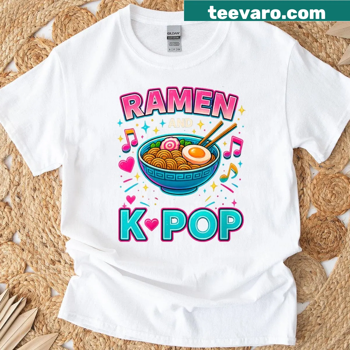 Cute girl graphic enjoying ramen and K-pop — on a men's t-shirt