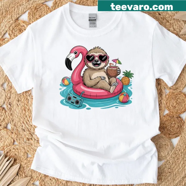 Cute sloth on a flamingo float with a coconut drink