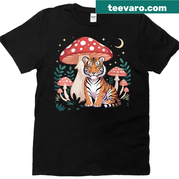 Cute tiger print t-shirt with mushroom theme