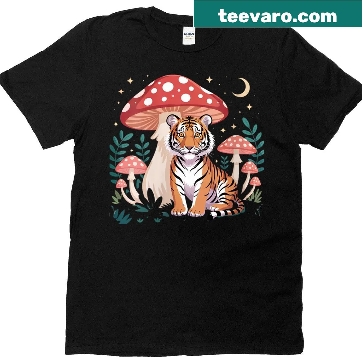 Cute tiger print t-shirt with mushroom theme — on a men's t-shirt