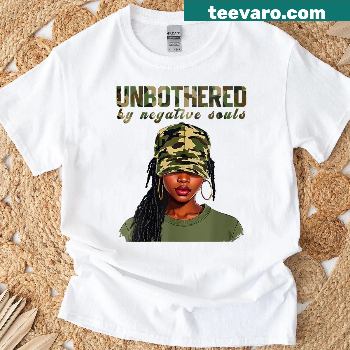 Camo black T-shirt with unbothered message in bold typography — on a men's t-shirt